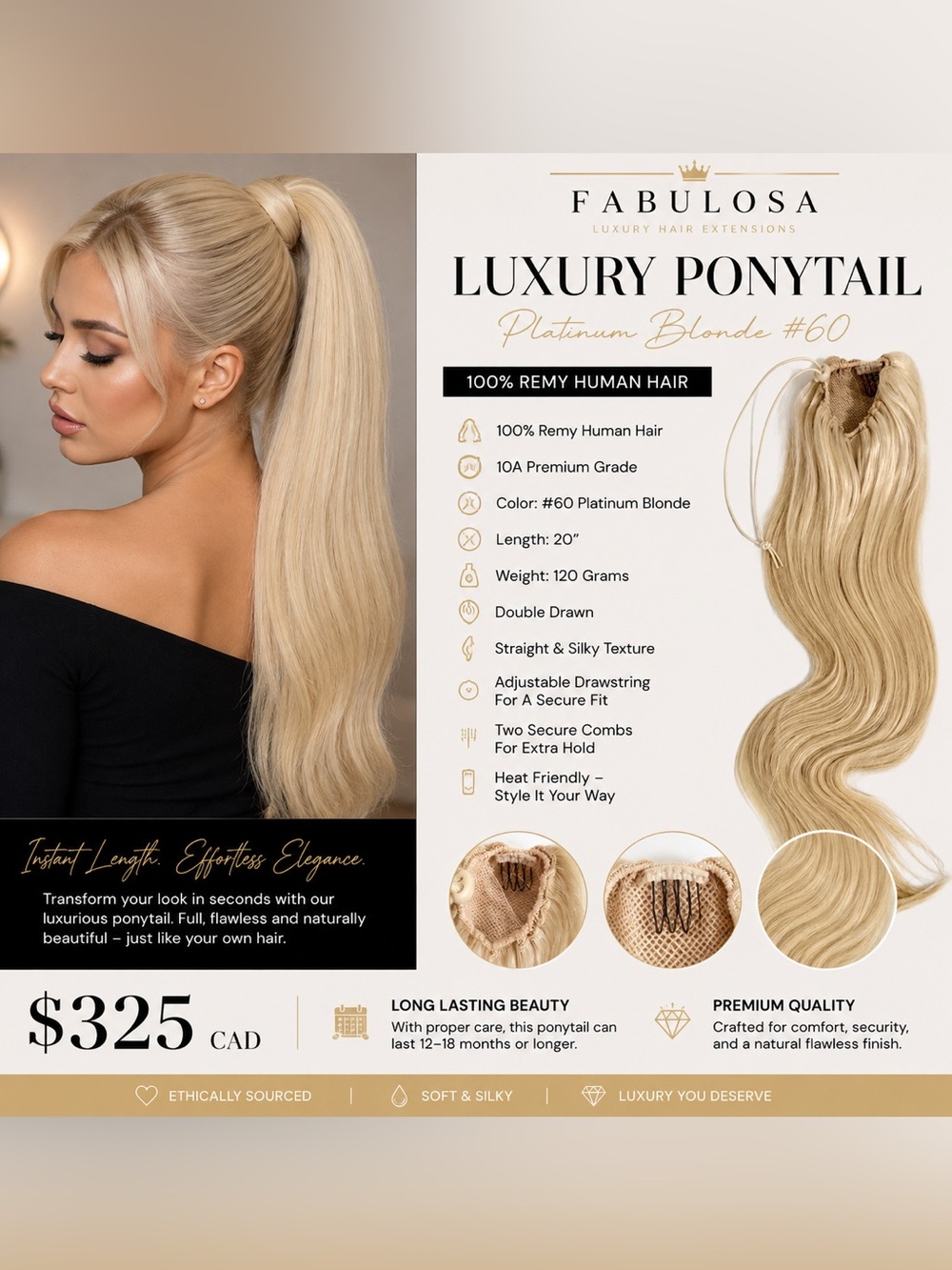 Ponytail Remy Human Hair Platinum Blonde 120g